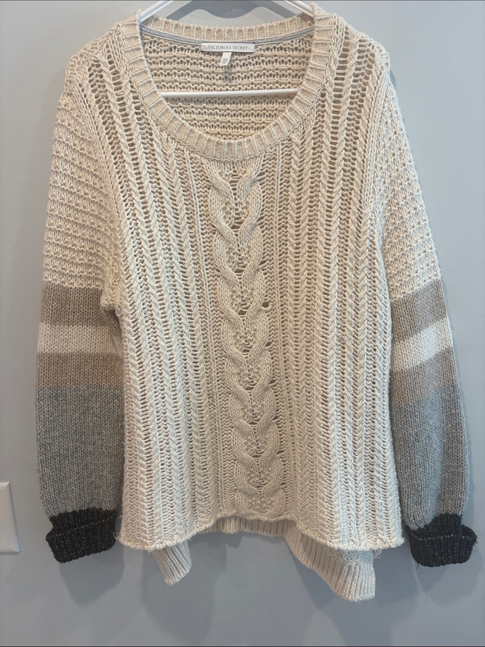 Victoria's Secret Cream Crew Sweater with Neutral Stripe Sleeves ptp 21 leg 30